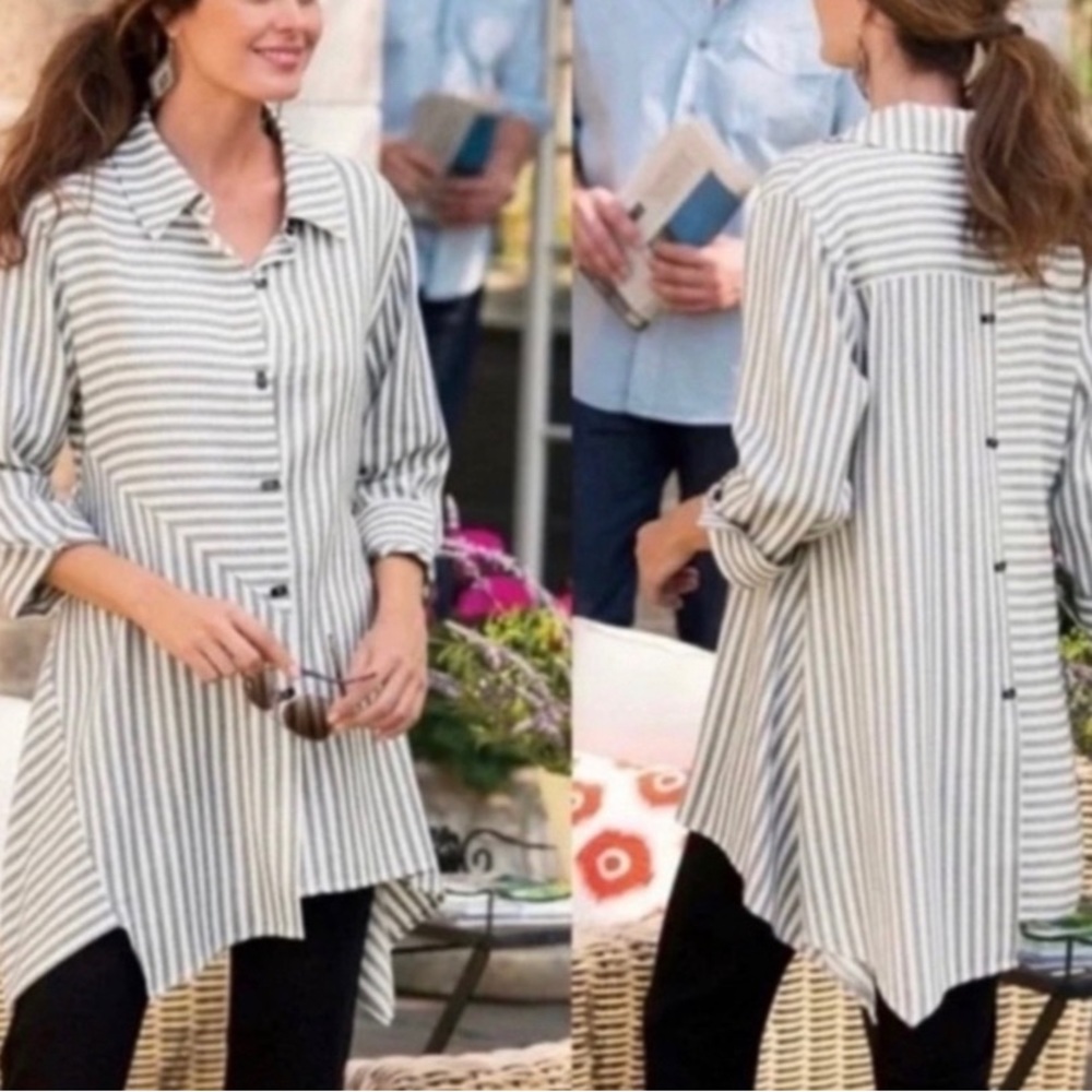 Soft surroundings white and blue striped button down tunic